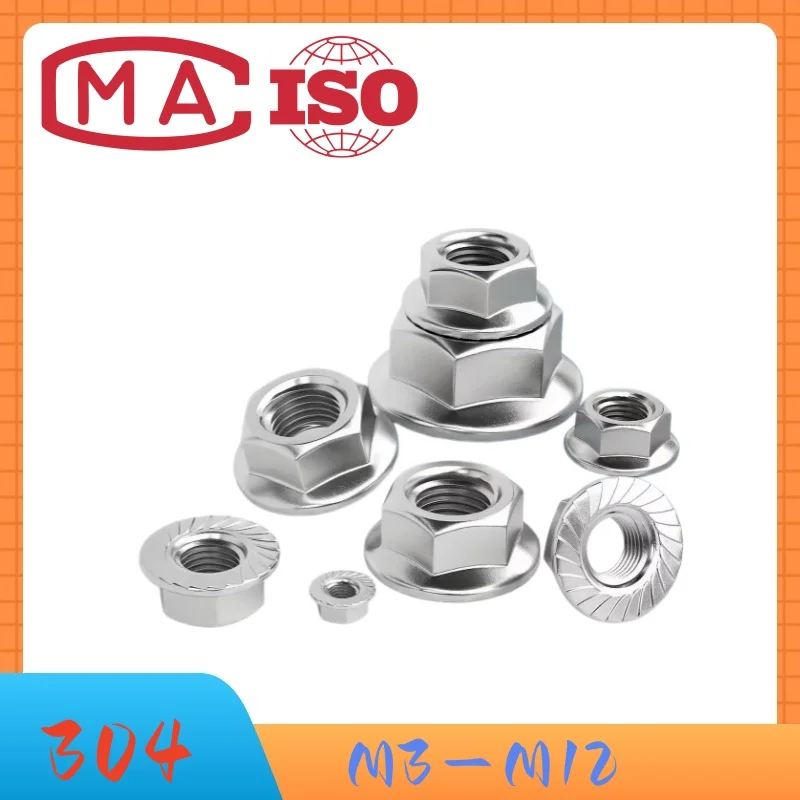 304 Metric Hexagon Flange Nuts M3 M4 M5 M6 M8 M10 M12 Stainless Steel Pinking Automatic locking nut DIN6923 Serrated Spinlock