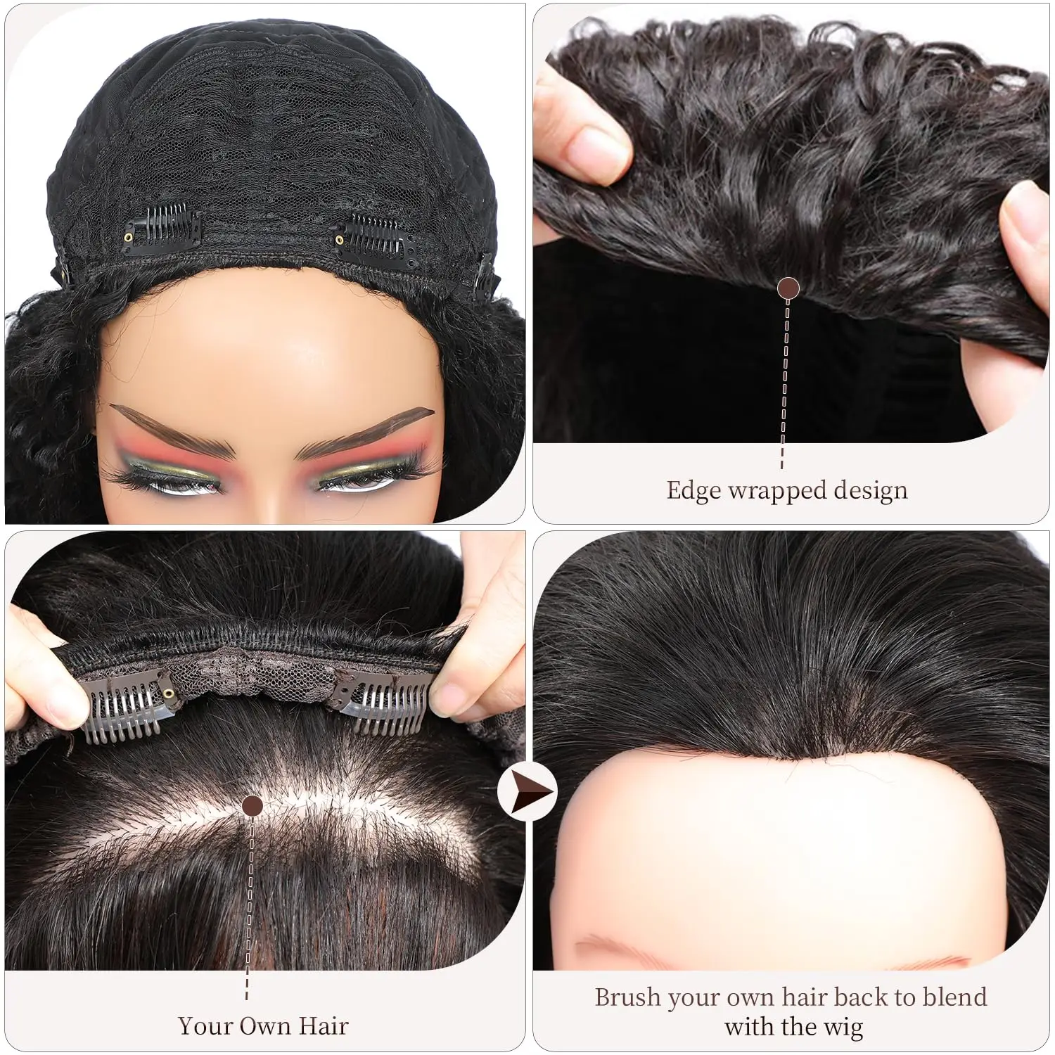 شعر مستعار بشري مموج للنساء 34 بوصة 3 في 1 برباط نصف باروكات شعر بشري مجعد شعر مستعار أسود 100% بشري #5