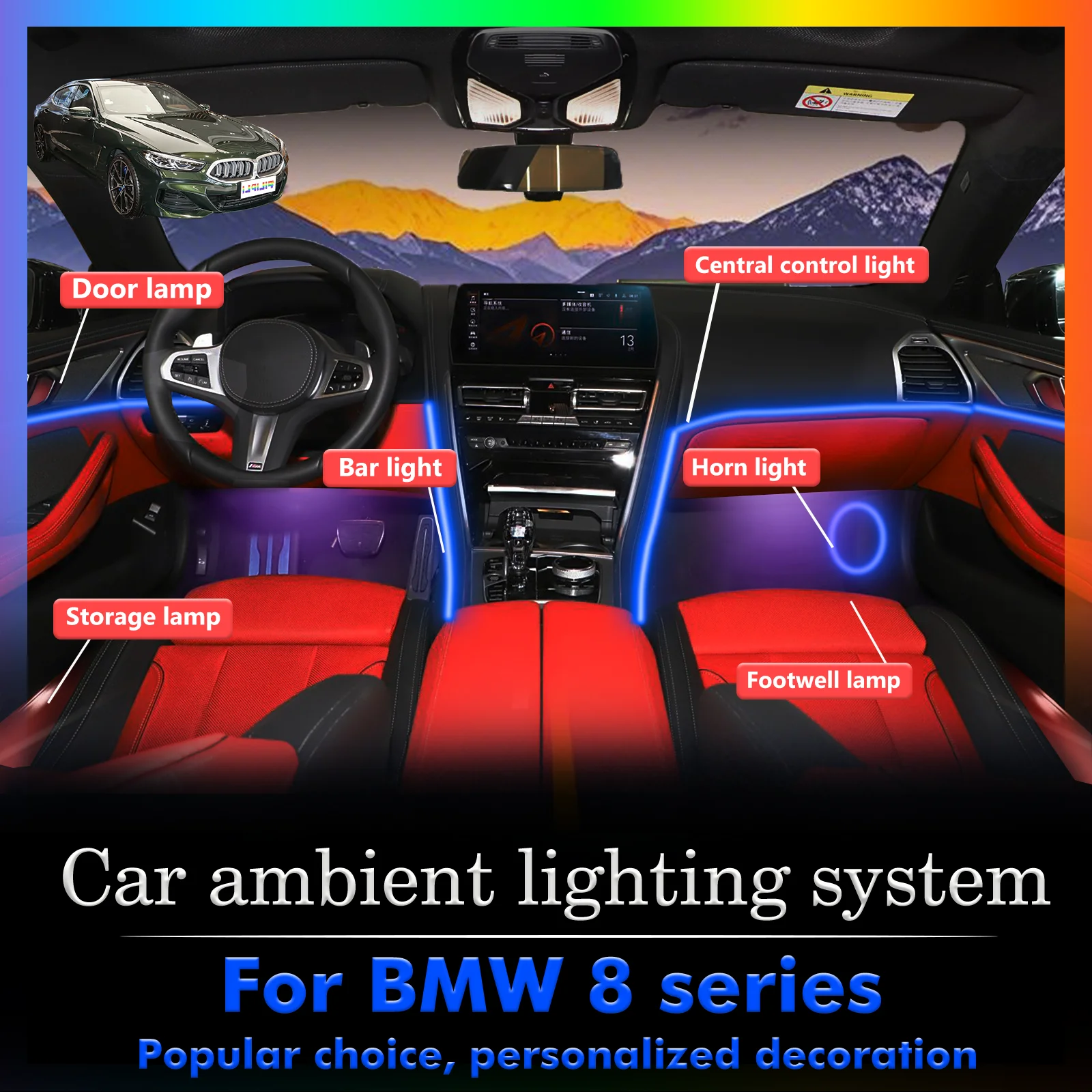 10 In1 For BMW 8ser G14 G15 G16 Car Interior Ambient Lamps 64 Colorful Atmosphere Lights Auto LED Neon Strip App Control FILIPLI