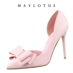 10.5cm Heel Korean Fashion Women's Shoes Wedding Bow High Heels Stiletto Heels Shallow Pointed Head Side Empty Thin Shoes