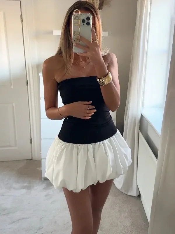 Contrast Kleur Mini Plooien Jurk Voor Vrouwen Strapless Sexy Slanke Mouwloze Ruches Splice Y2K Strand Vrouwelijke Club Feestjurk WWA8