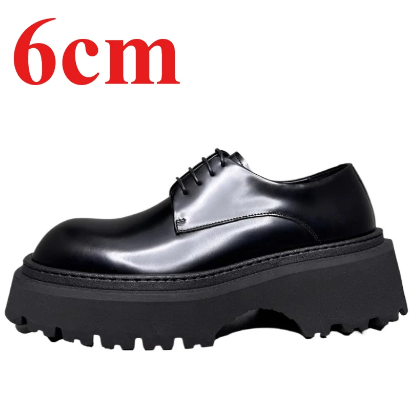 European Wide Version Derby Shoes for Men's 6cm Thick Bottom Height Increasing Shoes Genuine Leather Sewing Thread Leather Shoes