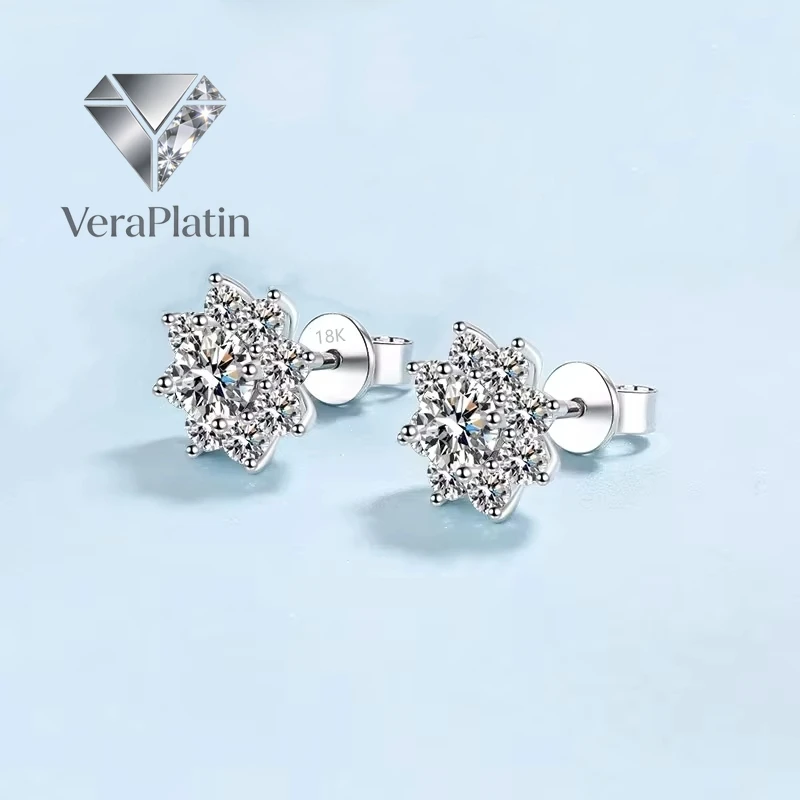 

VeraPlatin Engagement 18K White Gold Wedding Girl Solid Fine Jewelry Moissanite Diamond 0.5/1ct SnowFlower Earplug Stud Earrings