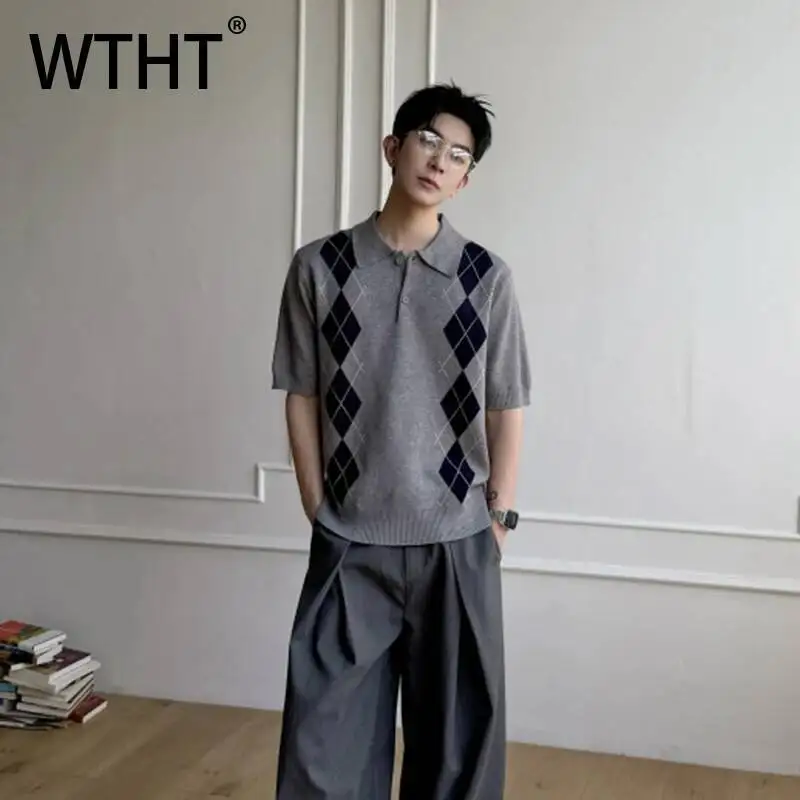 

WTHT Fashion 2026 Summer Men's Plaid Contrast Color Knit Sweater Trendy Button Turn Down Collar Short Sleeve T-shirt Male 2A3018
