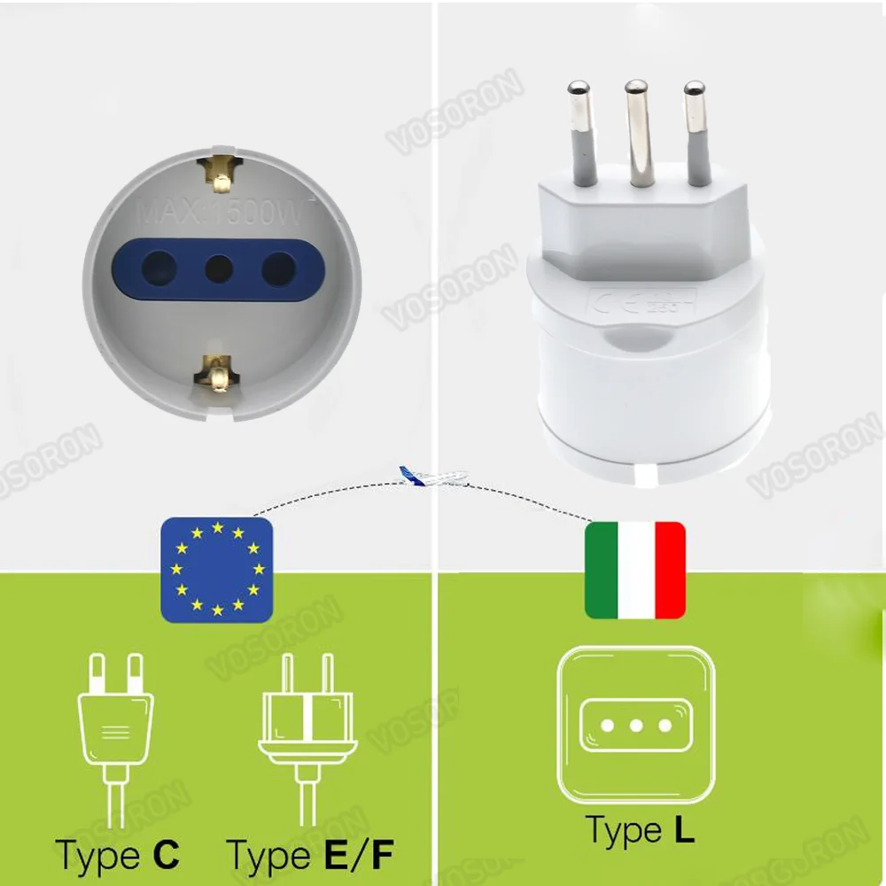 Enchufe europeo de la ue a italia, adaptador de corriente estándar, convertidor de viaje de 10A, ca 110 ~ 250V