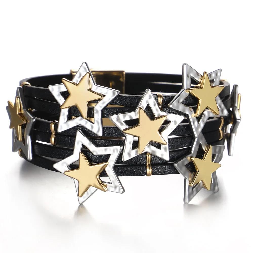 ALLYES Vintage Hollow Two Tone Stars Wrap Leather Bracelet for Women Unique Multilayer Wide Bangle Bracelets Party Jewelry