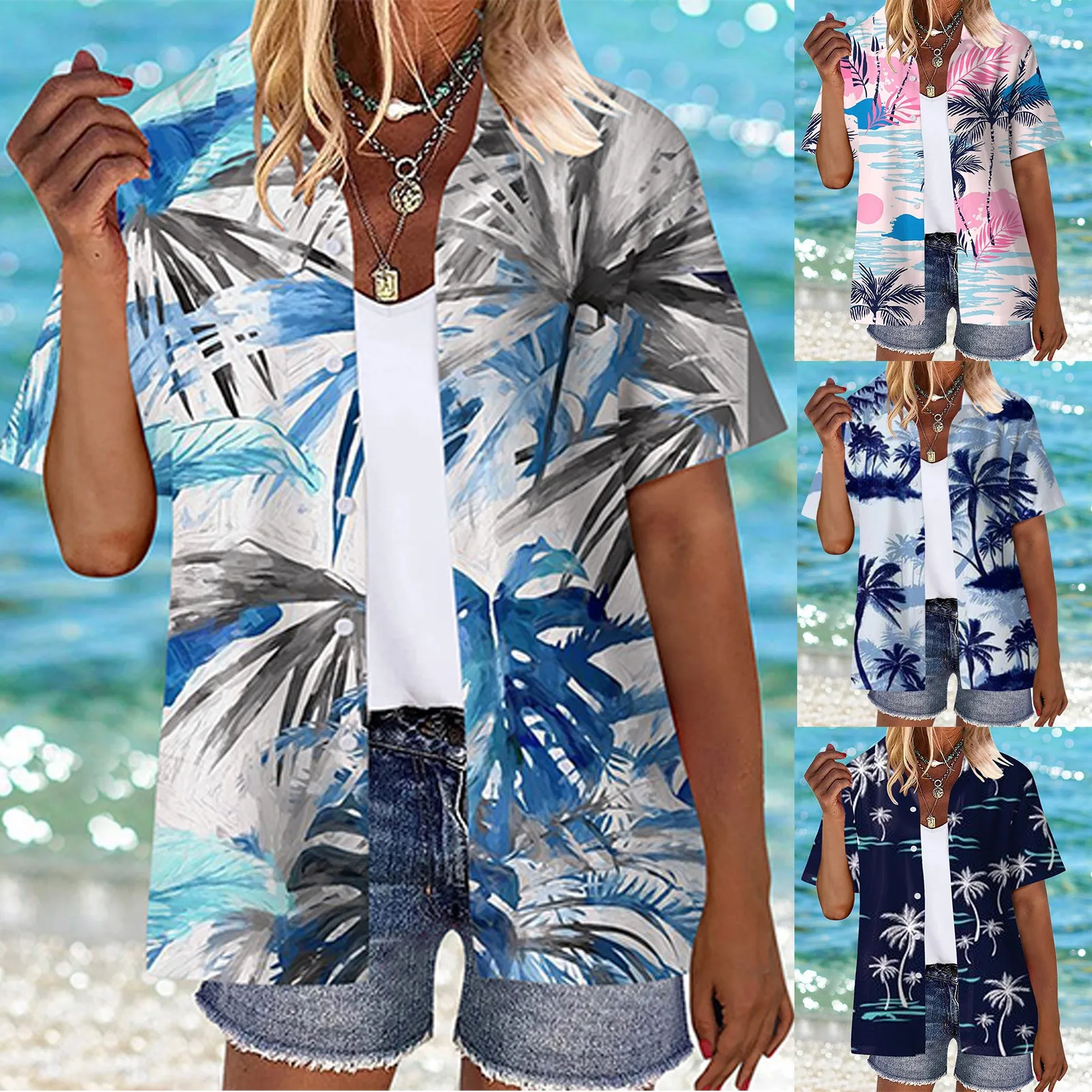 

Women Summer Hawaii Shirts Soft Cool Floral Print Short Social dress shirt slim fit Fashion Shirts Tops Lapel 3D Print Camisa