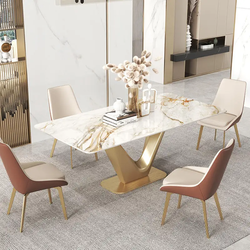Italian Light Luxury Glossy Rock Plate Dining Table Chair Set Simple Modern Rectangular Household School Customized Dining