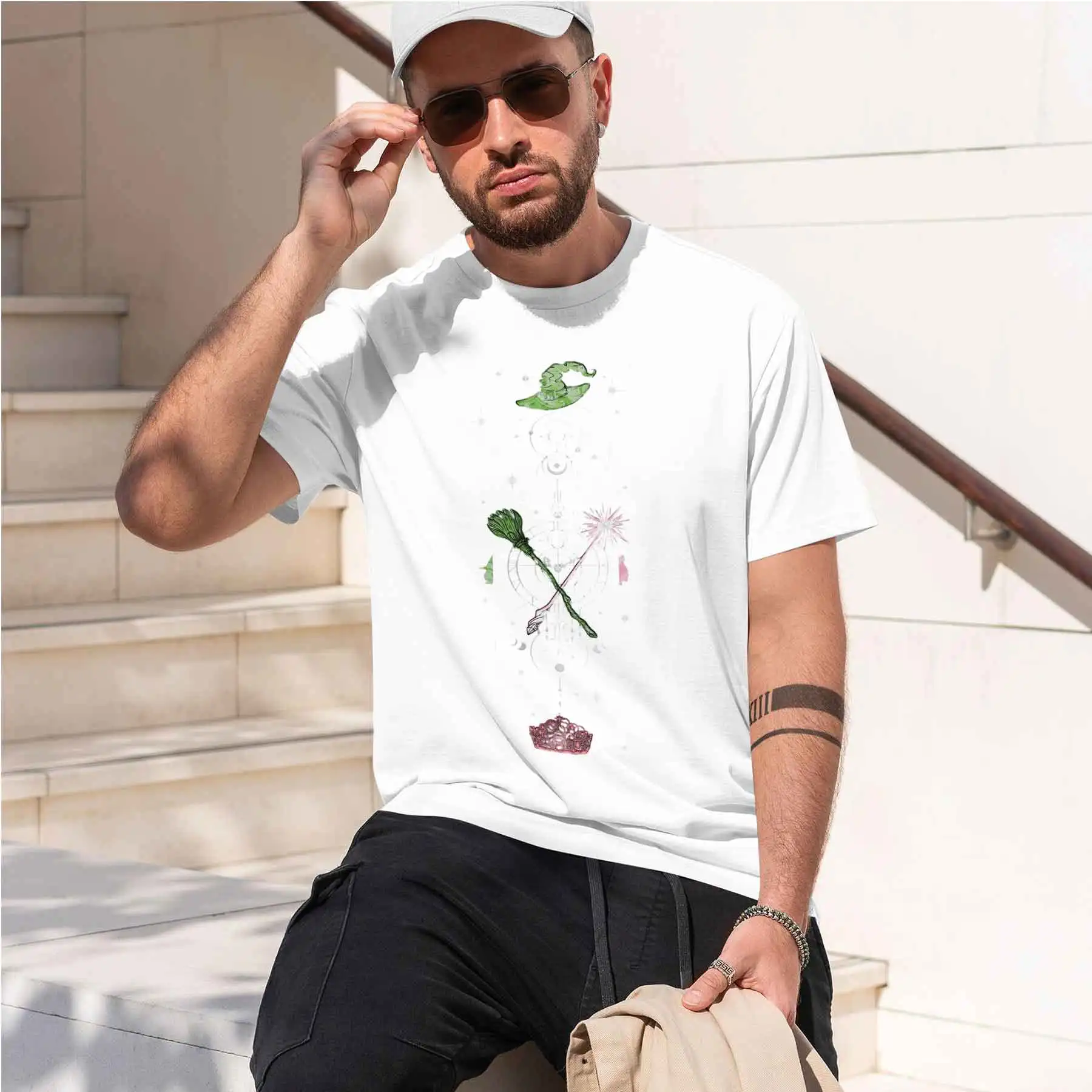 new printed T-shirt Men'sThemed Print T-Shirt Green Witch Hat Broom Pink Wand Crown Mystical Array Top