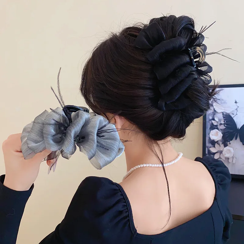 女性用プリーツメッシュヘアクリップ,弓,羽,アクリル,用途の広いアクセサリー,豪華なファッション,新しい