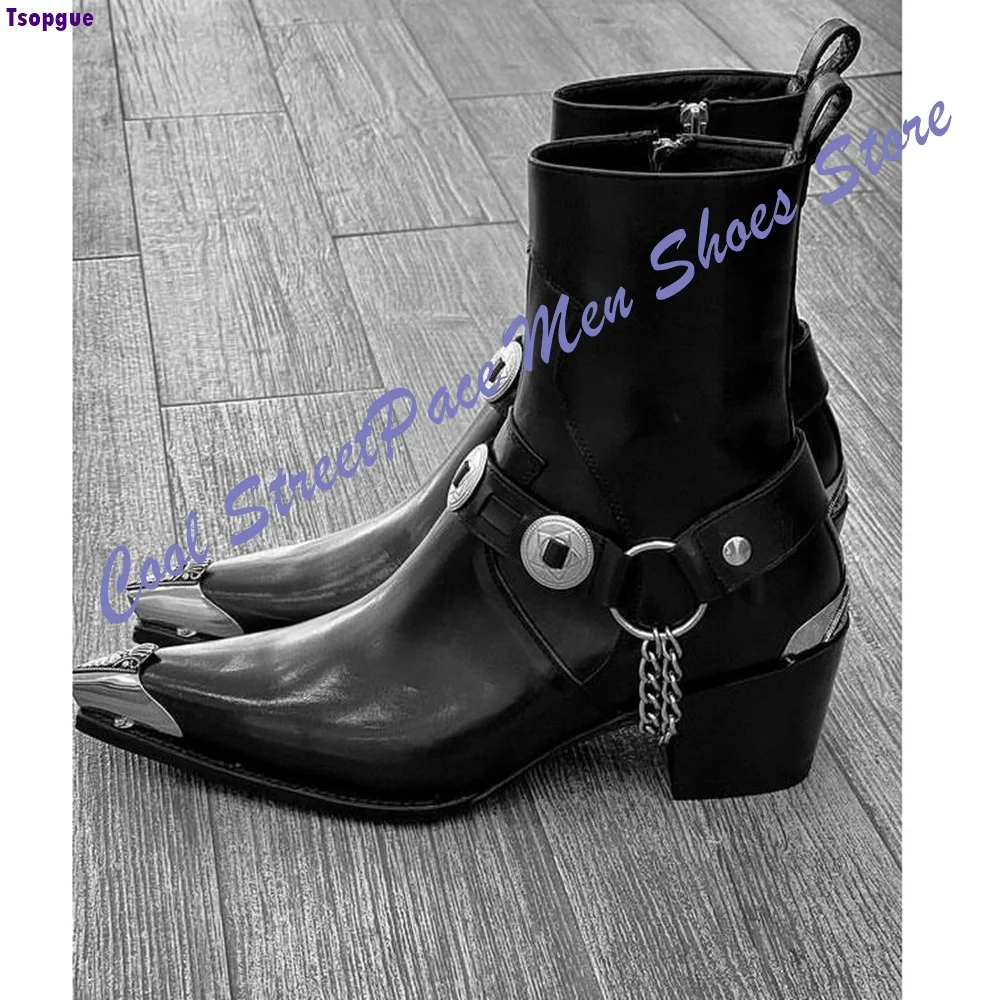 Vintage Punk Metal Tip Western Boots Men Rivet Belt Chain Decor Zipper Mid Ankle Boots High Block Heel Party Street Men Shoes