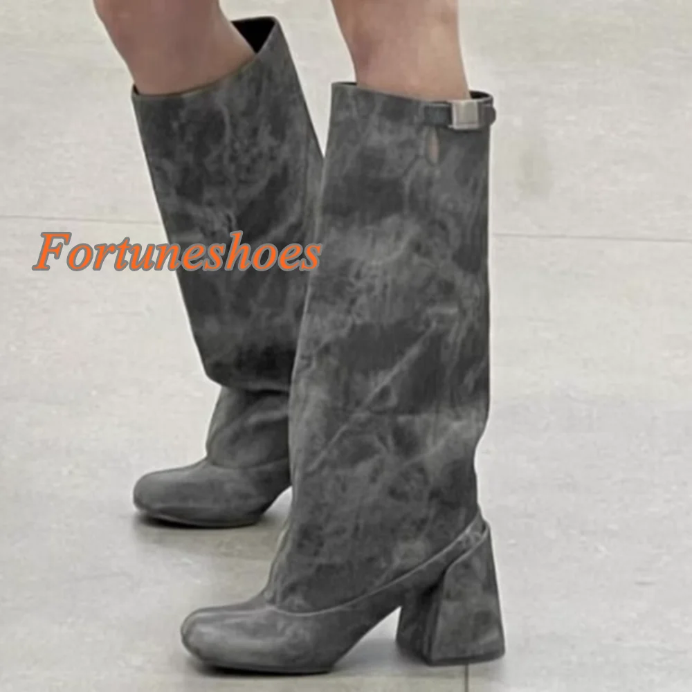 

Knee High Solid Belt Buckle Boots Slip On Square Toe Chunky High Heel Metal Women Boots Fashion Casual 2025 Newest Autumn Boots