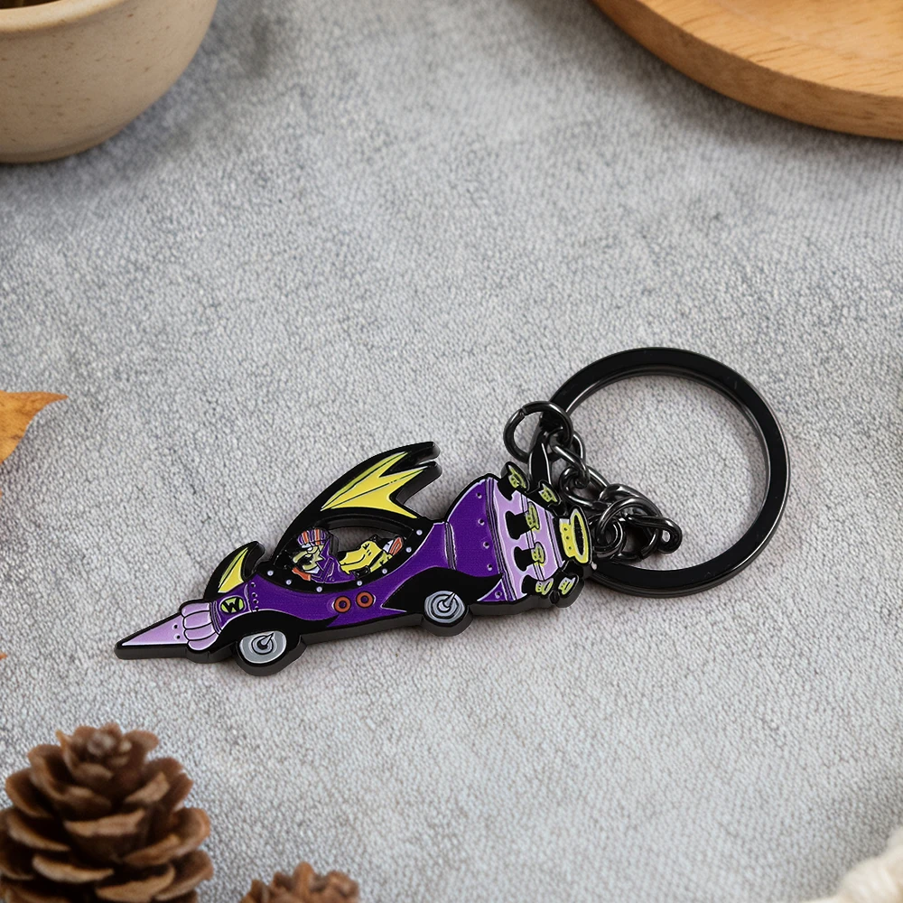 Retro Cartoon Wackyy-Races Purple Rocket Car Keychain Funny Vehicle The Mean Machine Key Ring Vintage Animation Pendant Bag Keys