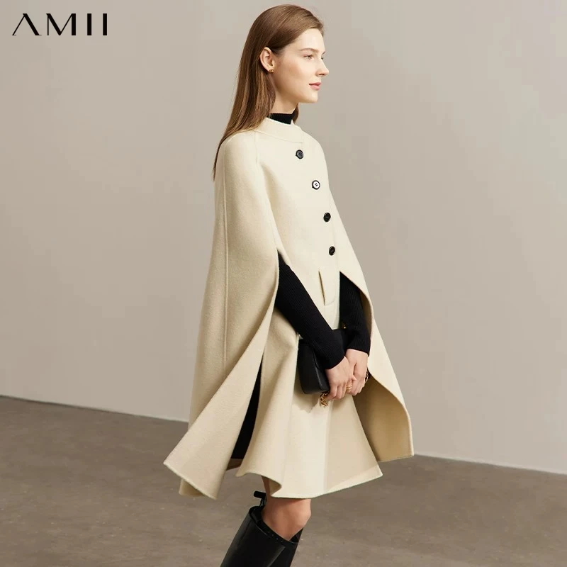 AMII Minimalist Female Blends 2026 Winter New Loose French Retro Wool Elegant Raglan Sleeve Simple Cape Coat For Women12354004