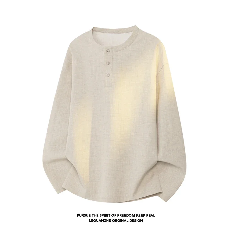 Men's Linen‑Blend Henley Long Sleeve Shirt 3‑Button Placket Stand‑Collar Loose Drop‑Shoulder Lightweight Casual Tops