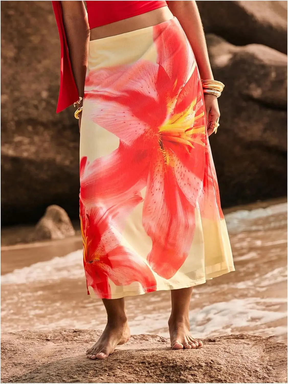 Luxy Trio Gonna floreale da donna con orlo dritto, gonne lunghe estive, elementi essenziali per le vacanze al mare