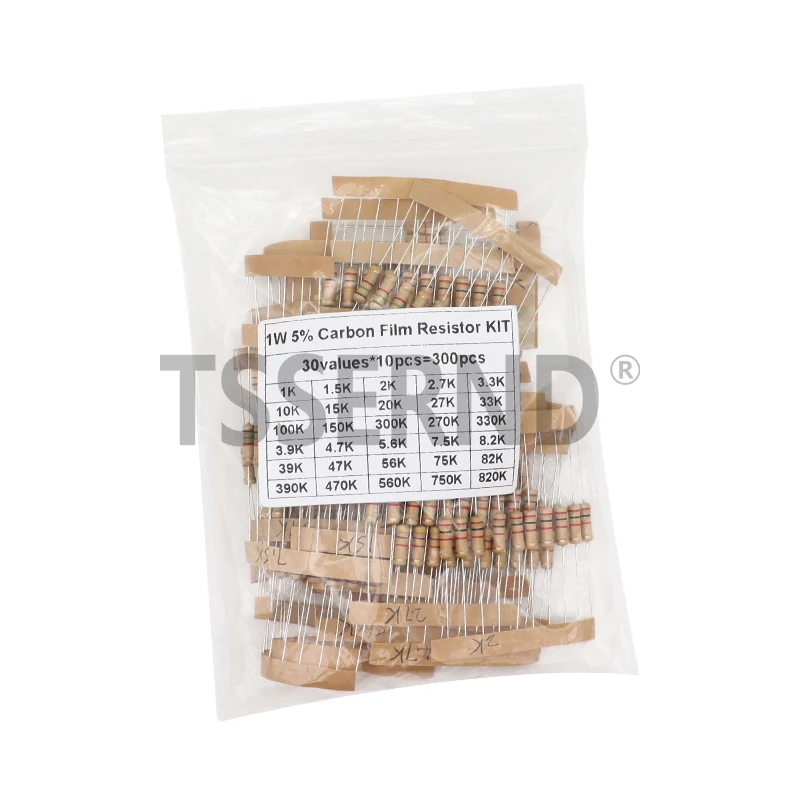 150PCS 300PCS 1W 2W 3W 5W Carbon Film Resistor Assortment Kit 5% Resistance Set 30Kinds 0.1-750 ohm 1K-820K DIY components