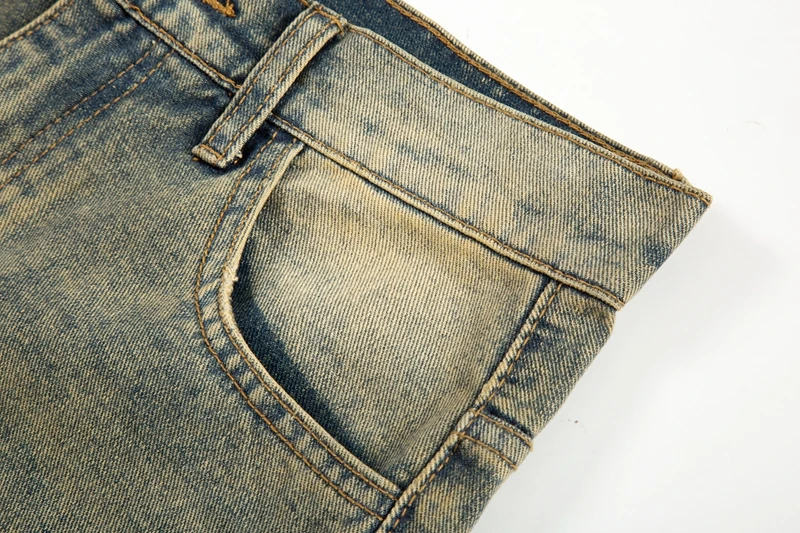 Vintage übergroße Split Deconstructed Herren breite Jeans Baggy Yellow Mud Dyed Washed Denim Jeans Cat Whisker Straight Denim Hose – Detail 12