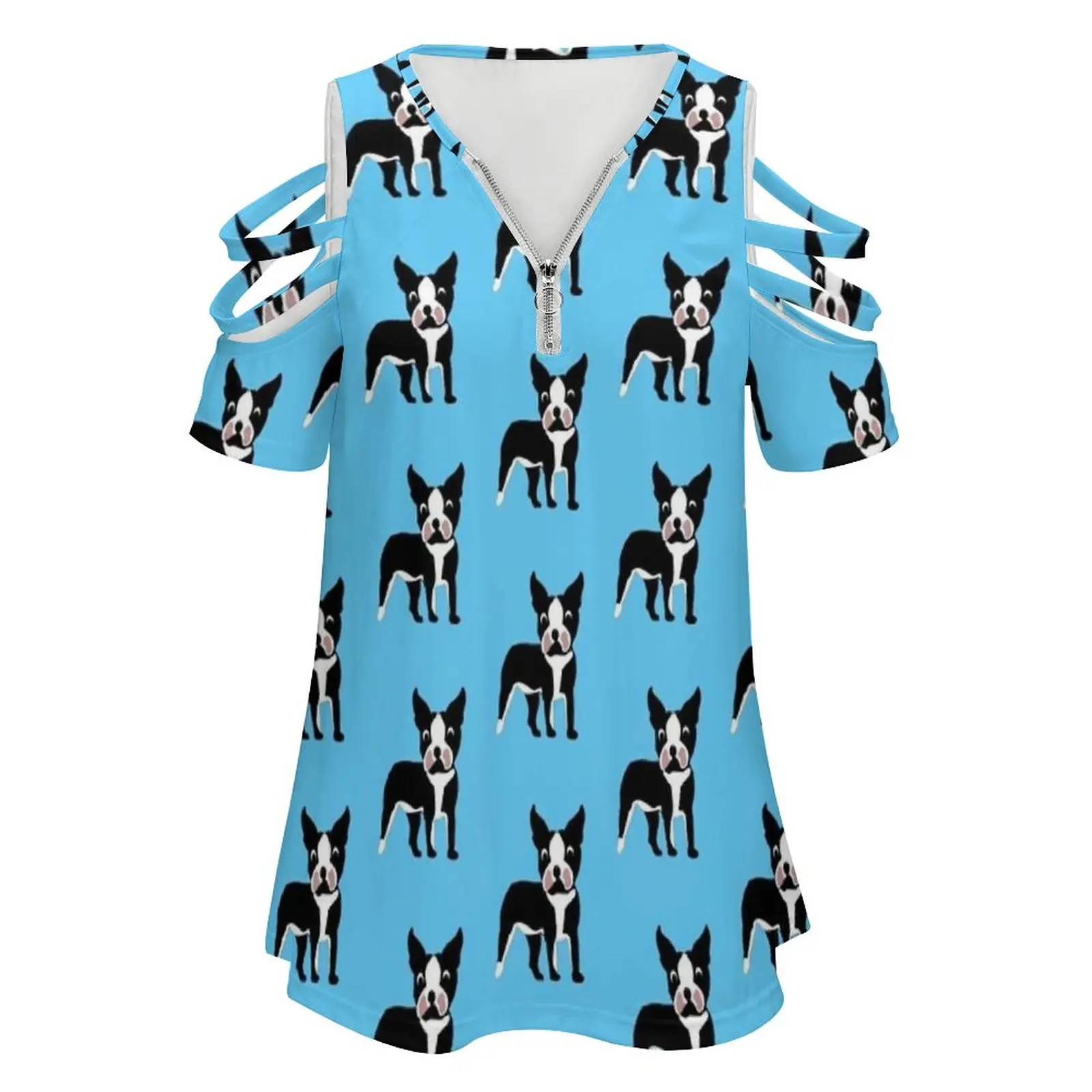 Boston Terrier Cartoon Dog New Fashion Zip Off Shoulder Top Short-Sleeve Women Shirt Dog Cute Cartoon Bold Saucy Breed Boston