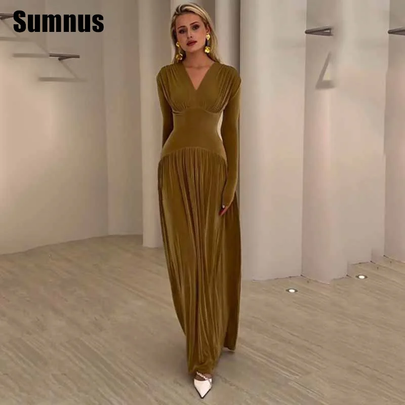 

Sumnus Simple Straight Prom Dress V-Neck Long Sleeves Draped Party Dresses Ankle Length Evening Dresses Customized