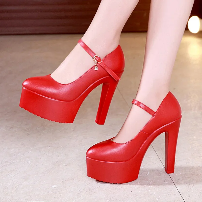 Small Size 32-43 Elegant Shallow Red White Wedding Shoes Platform Pumps Women 2024 Block High Herels Shoes for Model Party