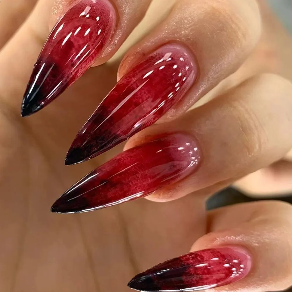 

24pcs Blood Red Fake Nails Gradient Long Pointed False Nail Patch Full Cover Wearable Fake Nail Tips Halloween Manicure Sets