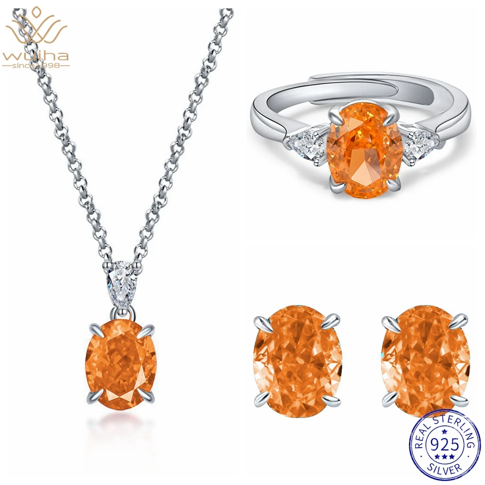 WUIHA 925 Sterling Silver Oval Fancy Vivid Orange High Carbon Diamond Ring/Earrings/Pendant/Necklace for Women Gifts Jewelry Set