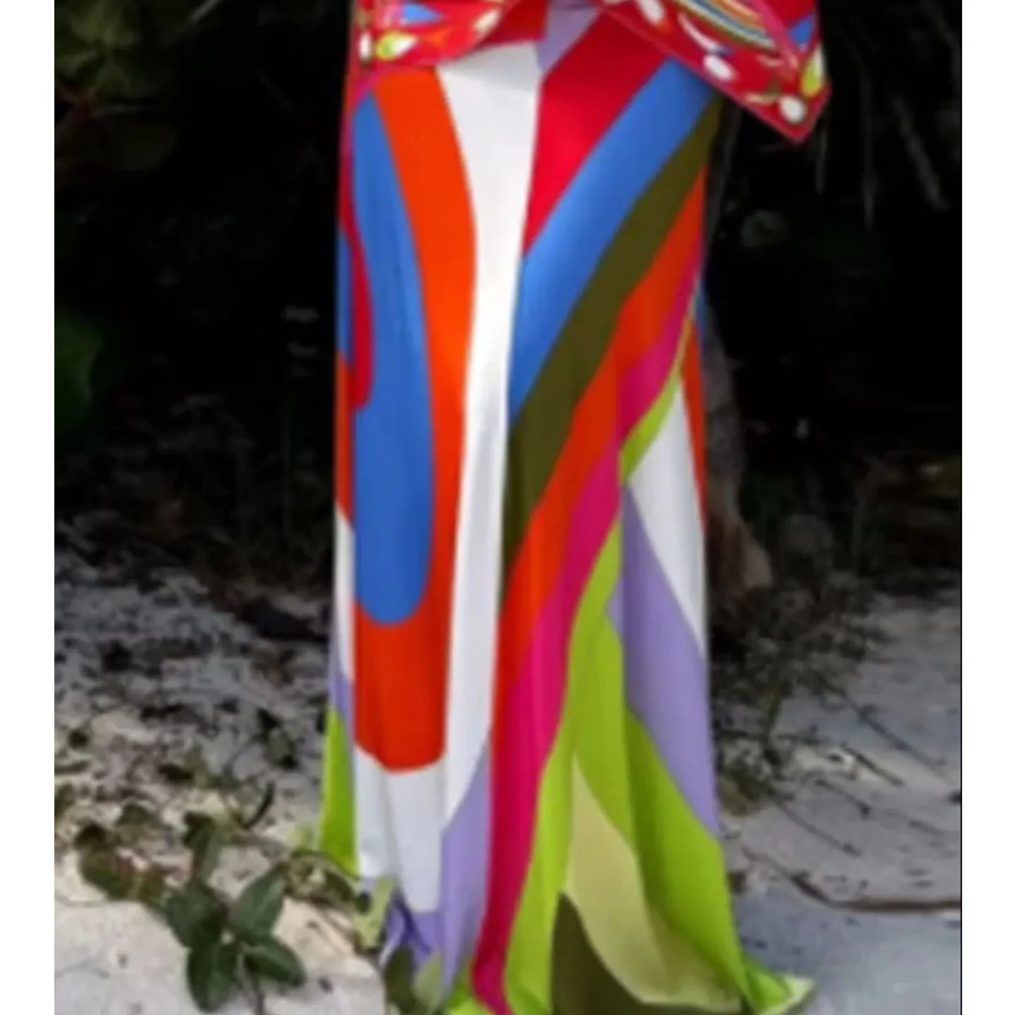 Beach Vaion Sle Midi Skirt Autumn New Arrival Women's High Waist A-Line Rainbow Color Blo Print Casual Polyester Fiber