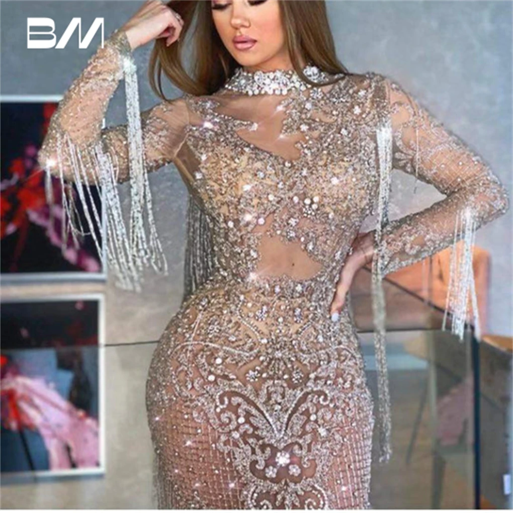 

Luxury Beaded See Trough Prom Dress Long Sleeve Tassel High Neck Evening Party Dress Formal Occasion Sexy Gown For Women