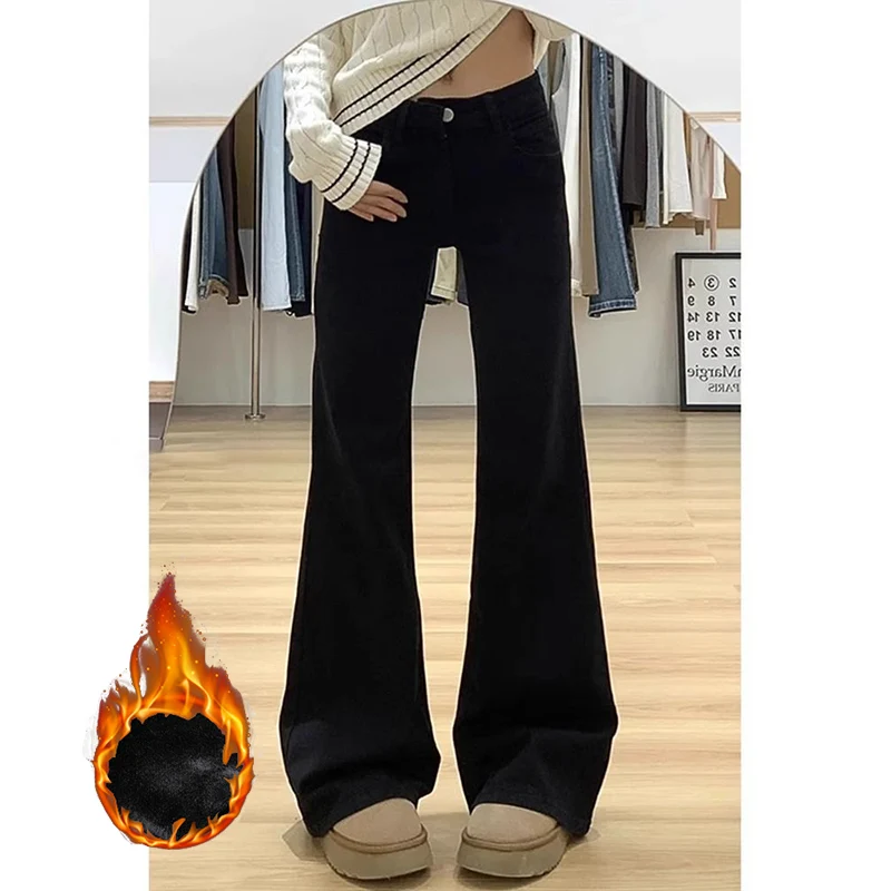 Winter Lady Korean Thermal Velvet Flared Jeans Girls High Waist Solid Denim Trousers Women Classic Snow Warm Fleece Pants