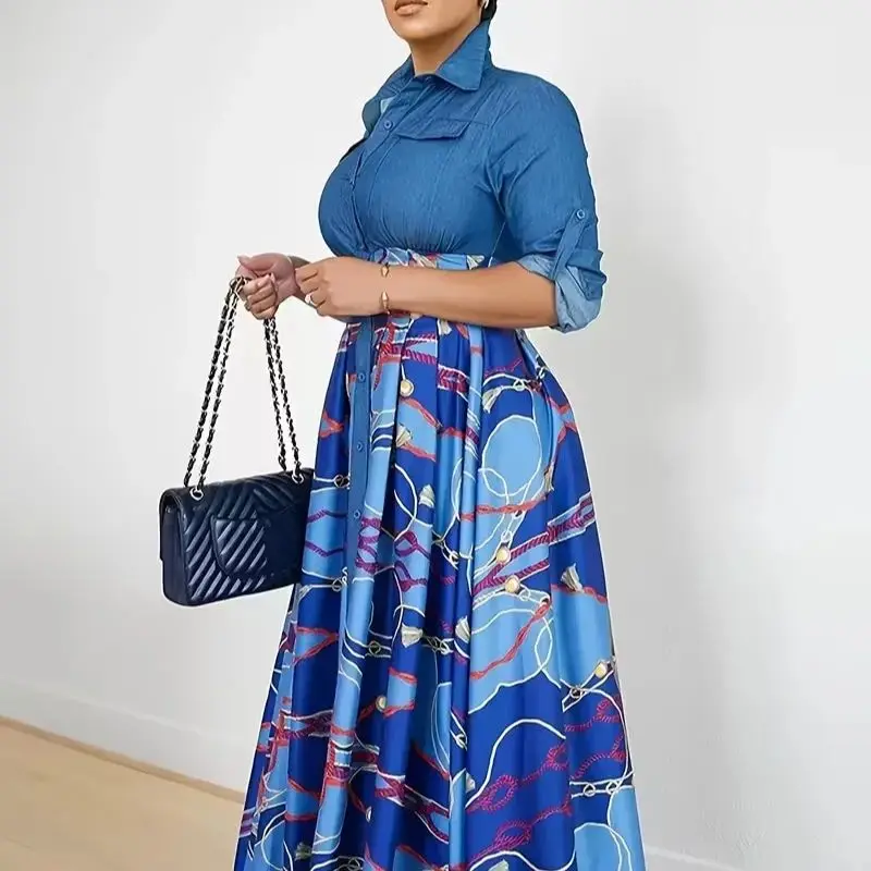 فستان نسائي طويل بطبعة بيزلي مرقع بأزرار أمامية على شكل قميص فستان ريترو على طراز الشارع