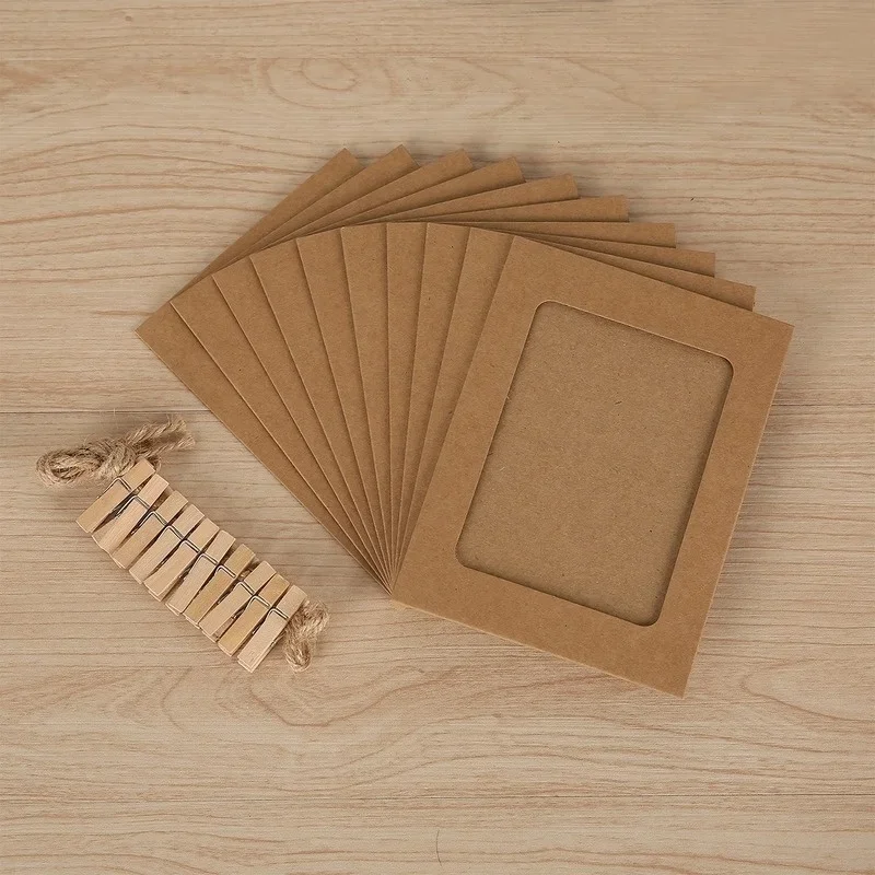 10PCS/Lot DIY Photo Frame Album  Wooden Clip Kraft Paper Picture Holder for Wedding Baby Shower Birthday Party