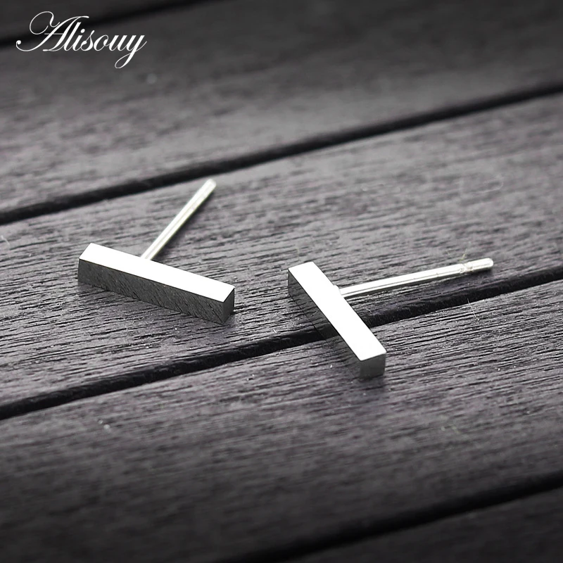 Alisouy 2PC 20g Minimalist Brief Gold Color Rose Gold Color Square Bar Stud Earrings For Women Femme Bijoux 5/10/15mm length bar
