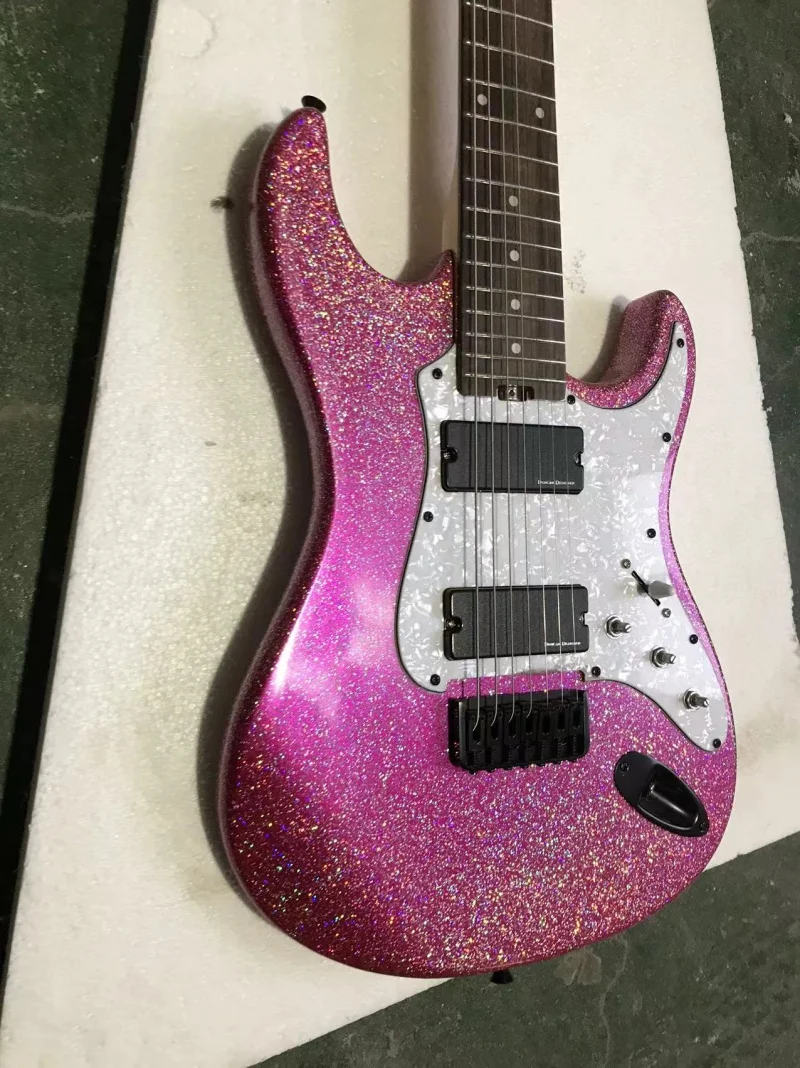 Custom 7-string electric guitar, large rose red grain color, flat fixed bridge, black hardware, solid wood quality, free deliver