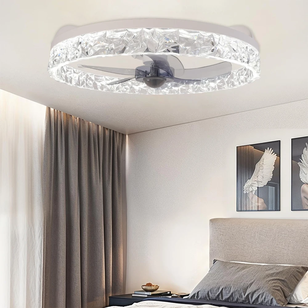Led Fan Light 3cct Rc Stepless Dimming 2/4h Timed Simple Imitation Diamond Mask Living Room/Bedroom Lighting 110-220v