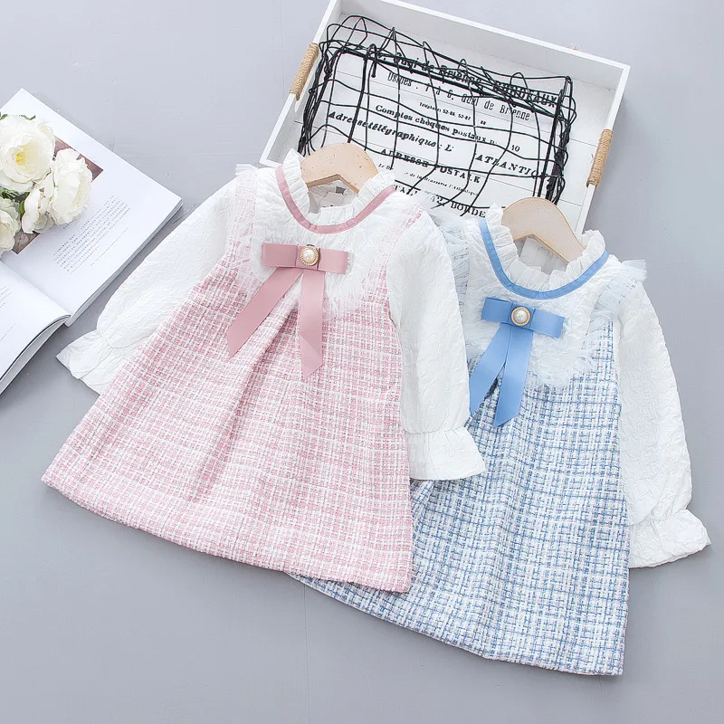 Children's Dress Girls' Korean Version Spring and Autumn Long-Sleeved Patchwork Bow Dress Baby 1-5Y Princess Dress