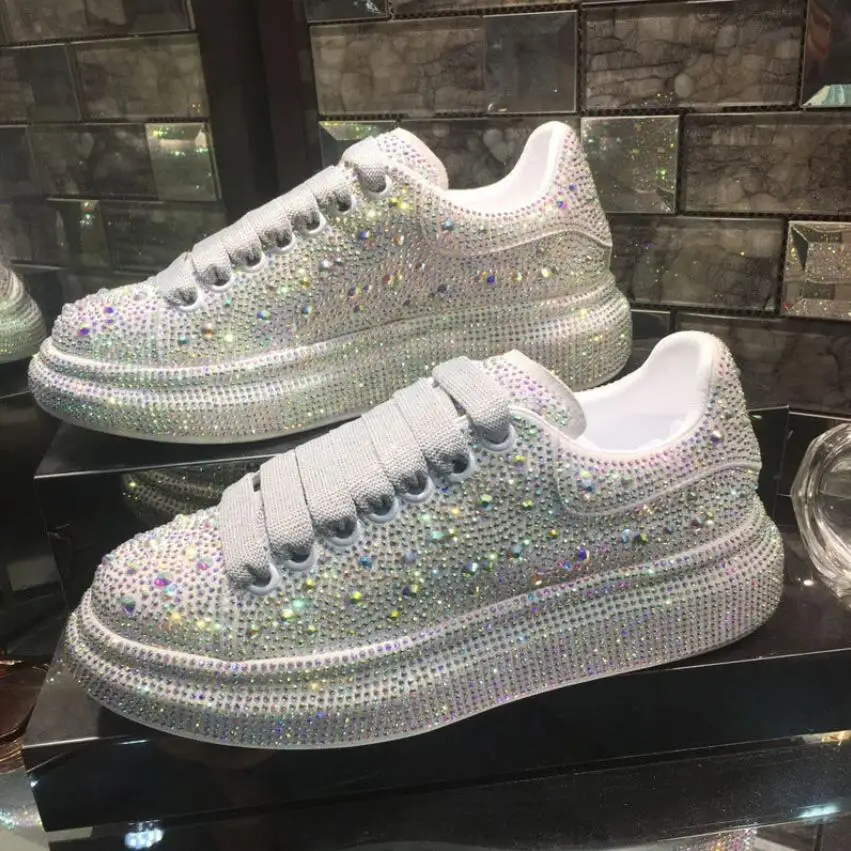 2024 Autumn Women Platform Shoes rhinestones Thick-soled White Silver Shoes Shining Crystal Sneakers Trend Casual Sneakers