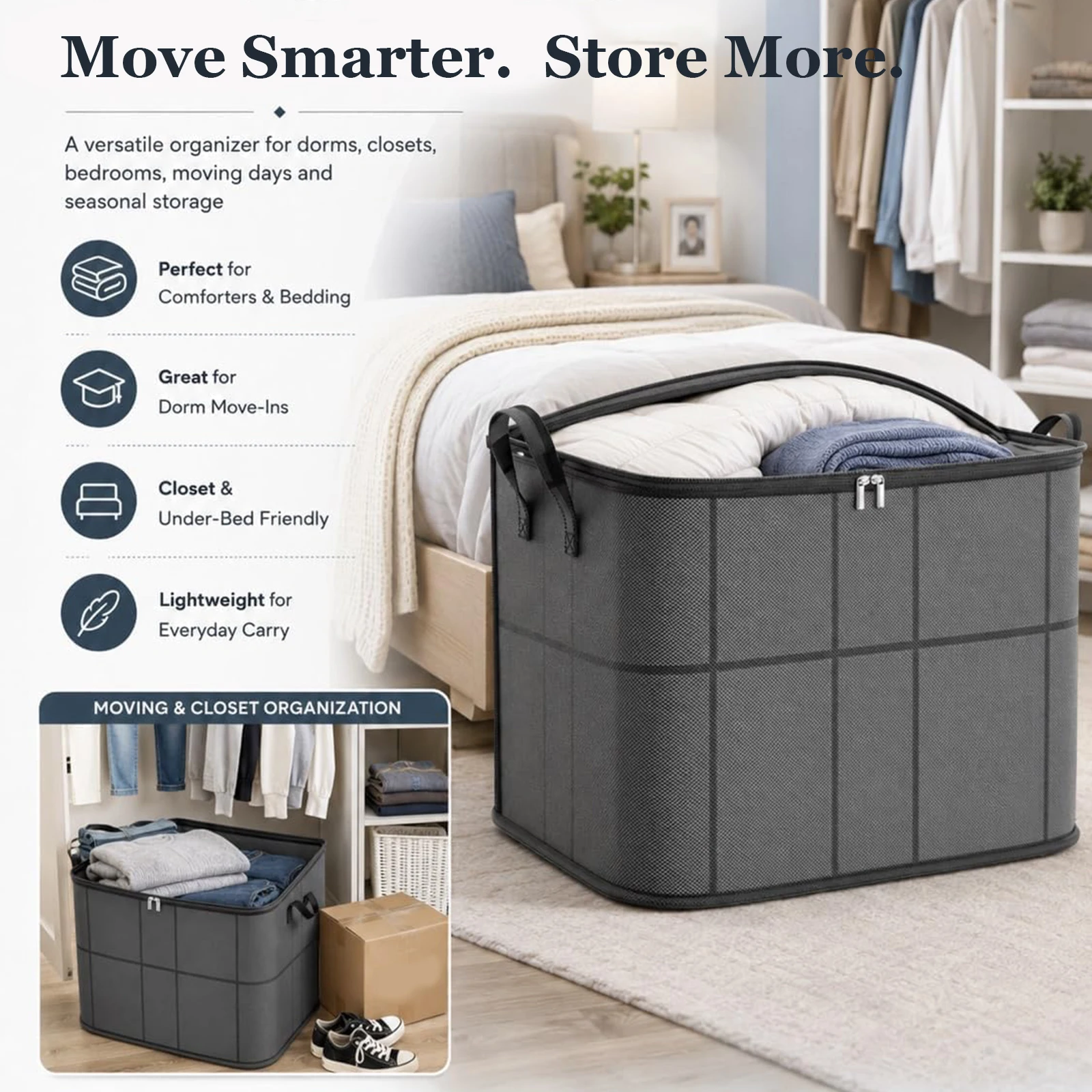 180L Collapsible Foldable Storage Bag Zippered Blanket Clothes Organizer Dust-proof Closet Moving Bin