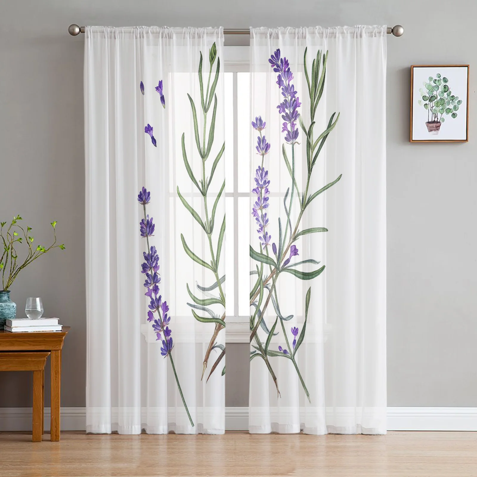 Purple Lavender Green Leaves Plant Field Window Tulle Curtains for Living Room Bedroom Hotel Luxury Decoration Sheer Curtains