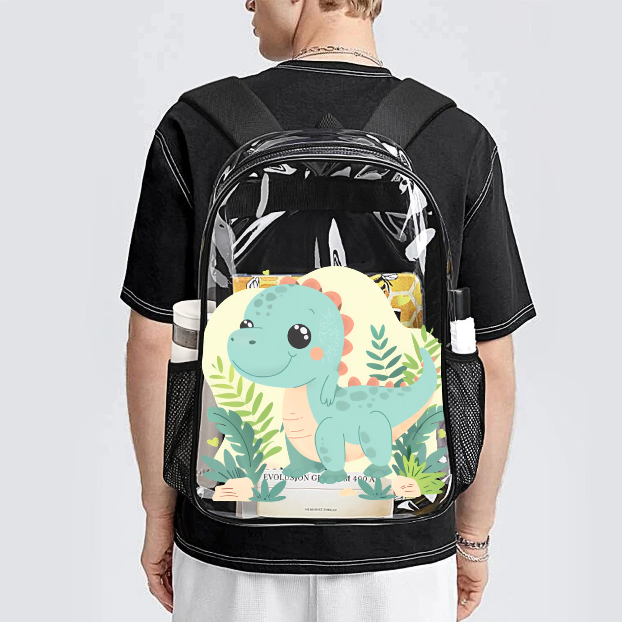 17 Inch PVC See Through Backpack with Blue Dinosaur Plants Print,  Bag Fits 16" Laptop, Side Mesh-Fun Backpack Gift