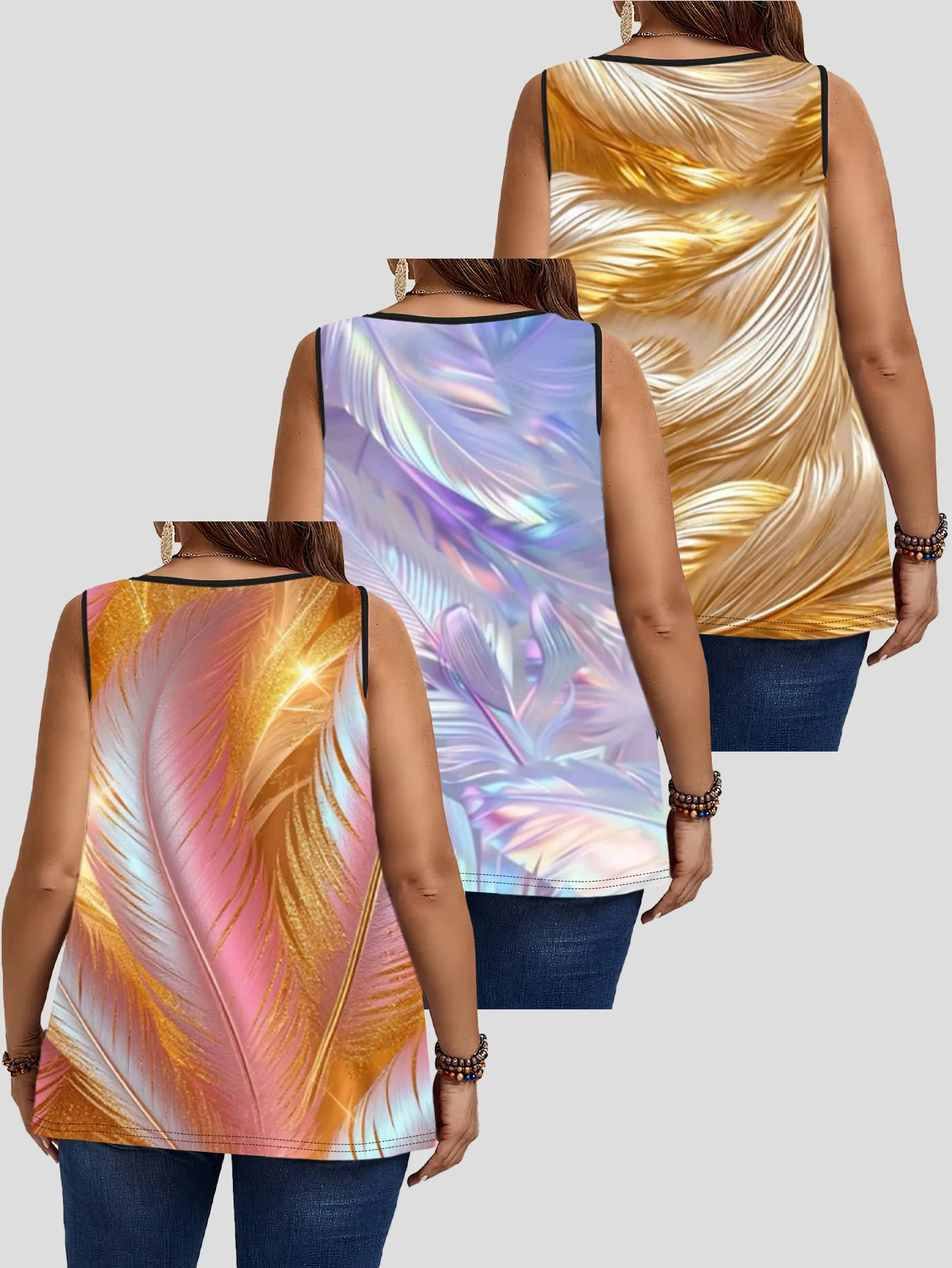 3-Piece Set of Large Size Light Luxury Gradient Feather Pattern Vests, Colorful Glossy Feather Print Loose Sleeveless Base Shirts