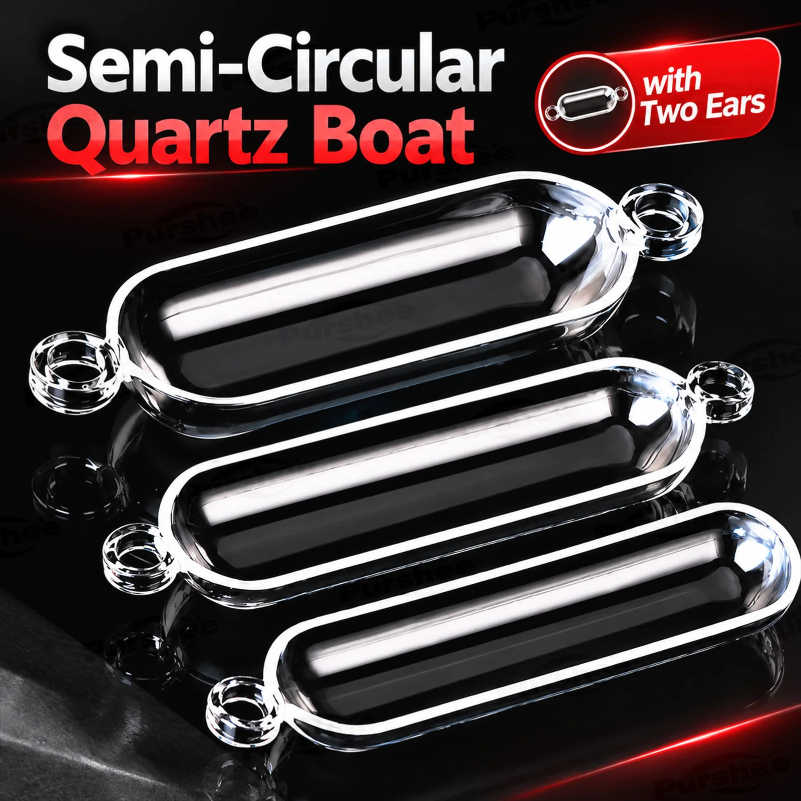 Halbkreisförmiges Quarzboot mit zwei Ösen, hochtemperaturbeständiges, korrosionsbeständiges Brennboot für Röhrenöfen, Schwefelanalysator, Labor – Detail 1