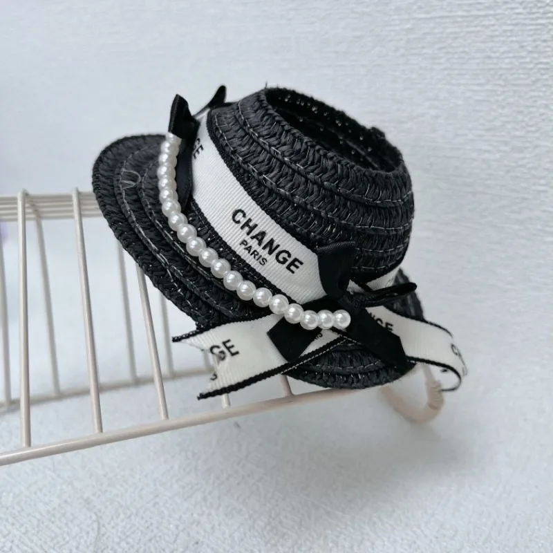 Nieuwe hanger voor LABUBU Eerste, tweede en derde generatie hoeden Blinde doos Labubu strohoed, Chanel-stijl strohoed met parelketting