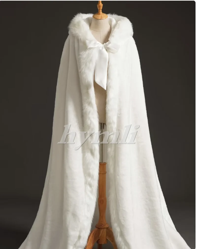 Schöne Elfenbein Faux Pelz Luxus Volle Länge Hochzeit Cape Mantel mit Kapuze. 180cm Lange