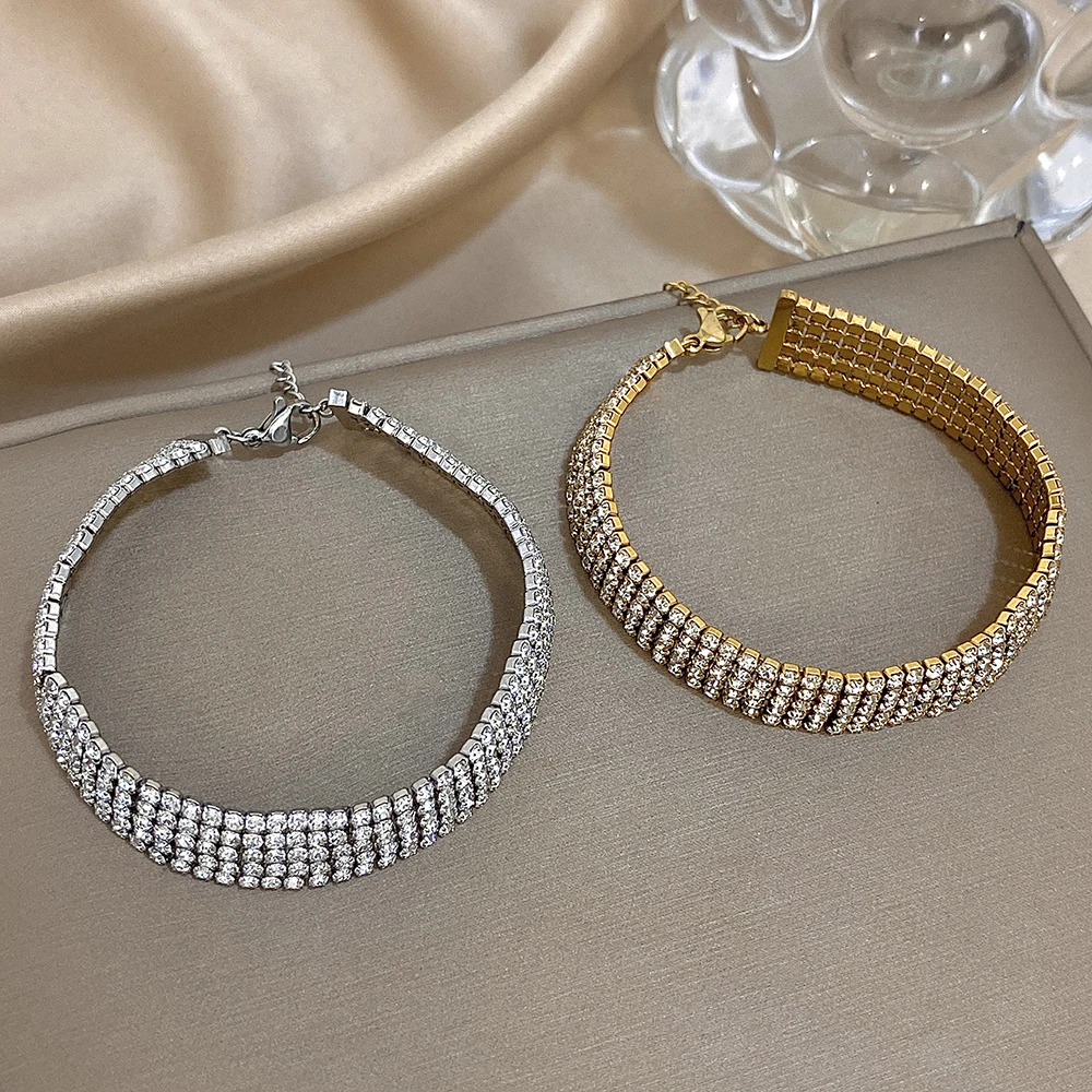 

DODOHAO Exquisite Sparkling Zircon Stainless Steel Wide Bracelet for Women Luxury Adjustable Waterproof Bracelet Party Jewelry