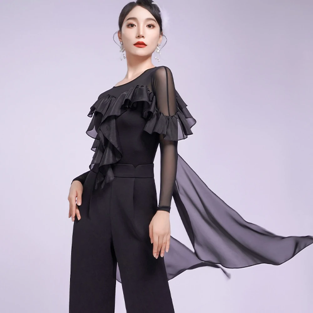 Haut de pratique de danse moderne pour salle de bal, Roland violet, manches longues, ruban élégant noir, ruban à volants, haut de valse, nouvelle collection