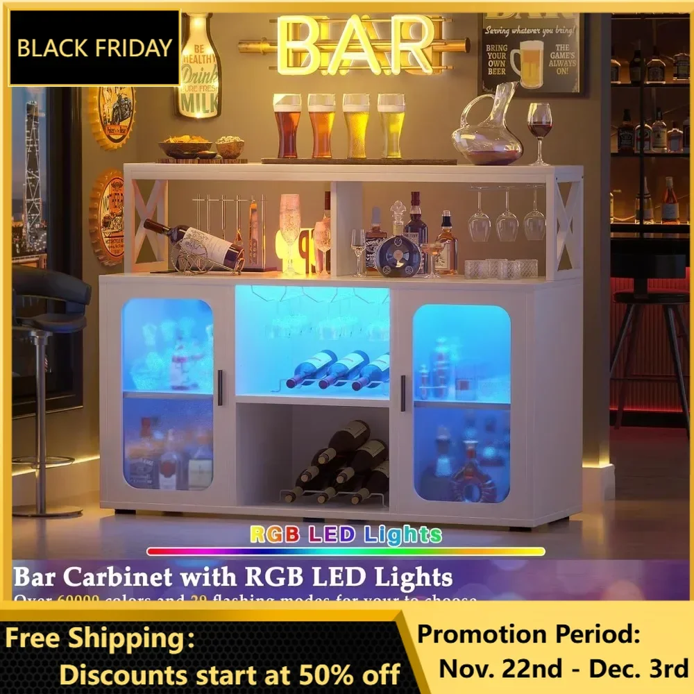 Bar Cabinet, Liquor Cabinet with Lights and Glass Holders, Storage Buffet Cabinet Coffee Bar Cabinet Home Bar Furniture