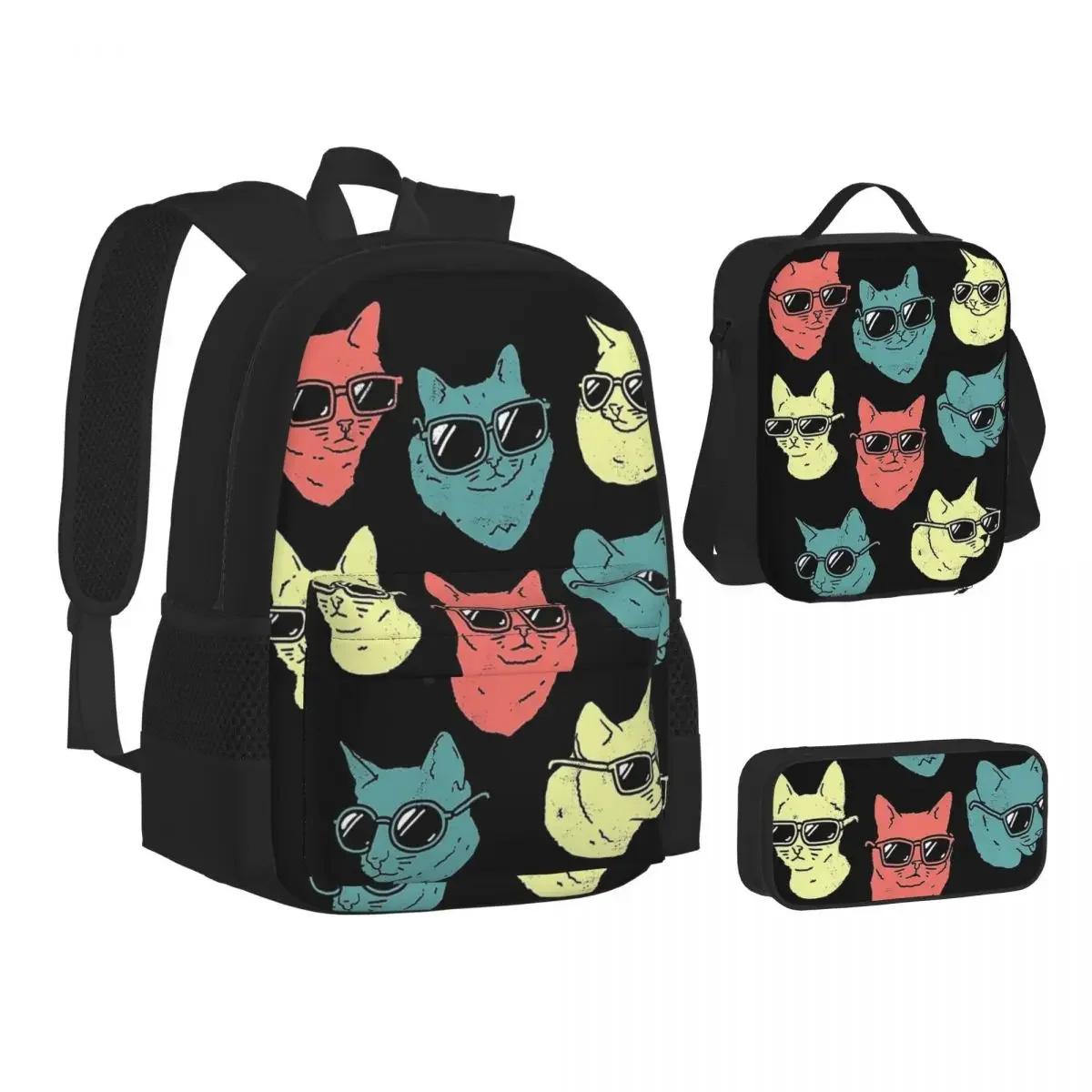 Cat Backpacks Boys Girls Bookbag Students School Bags Cartoon Kids Rucksack Lunch Bag Pen Bag Three-Piece Set