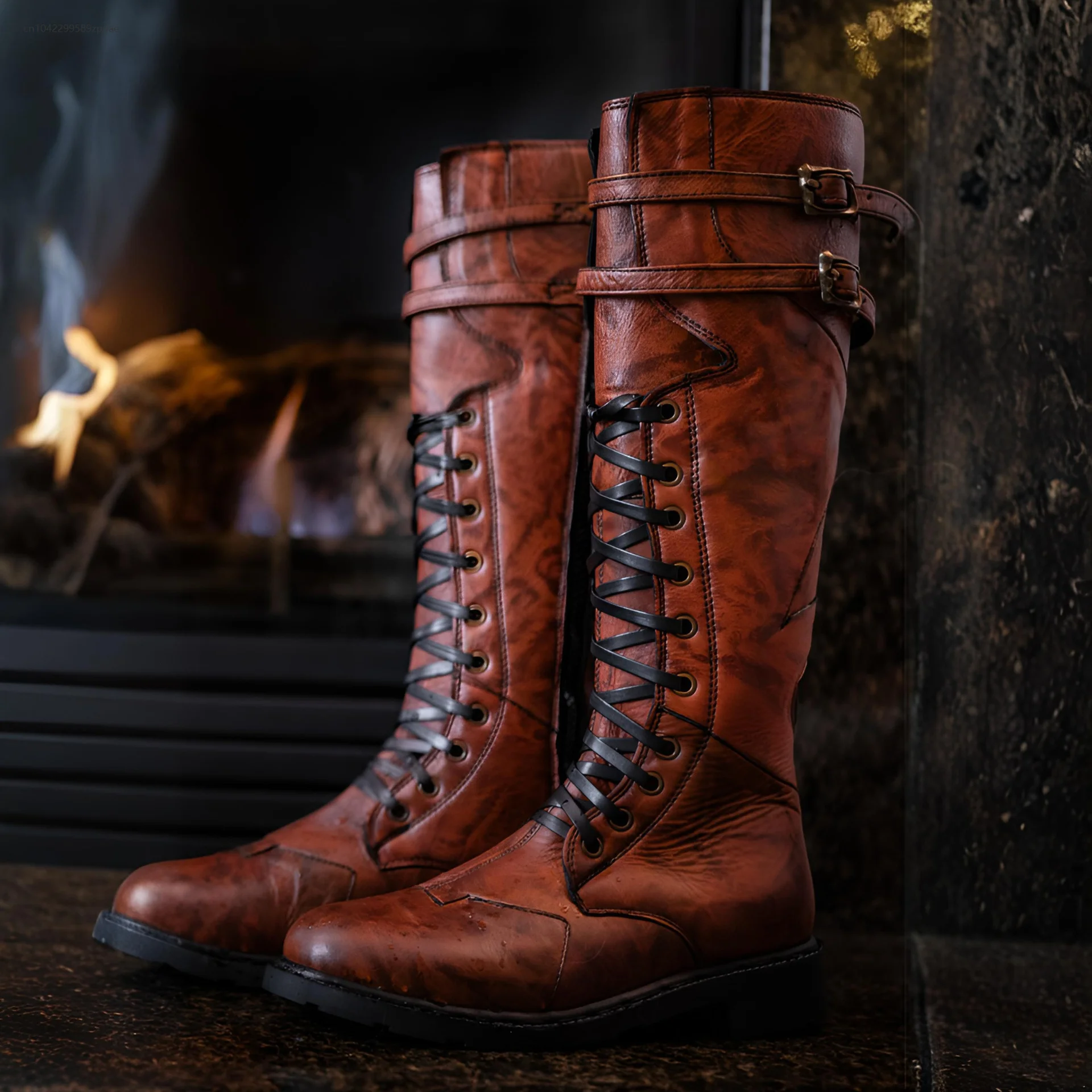 

Men's Medieval Retro Renaissance Pu Leather Lace-up Side Zipper Long Motorcycle Boots Viking Pirate Knight Boots Cosplay Shoes