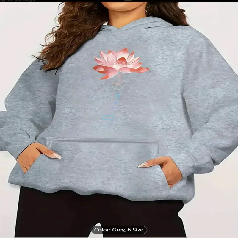 Womens Hoodie Lotus Breath Graphic Print Casual Oversized Drawstring Hooded Sweatshirt for Spiritual Style Lovers Pure Cotton